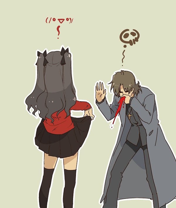 1girl, =_=, arm_up, black_hair, black_legwear, blood, brown_hair, cross