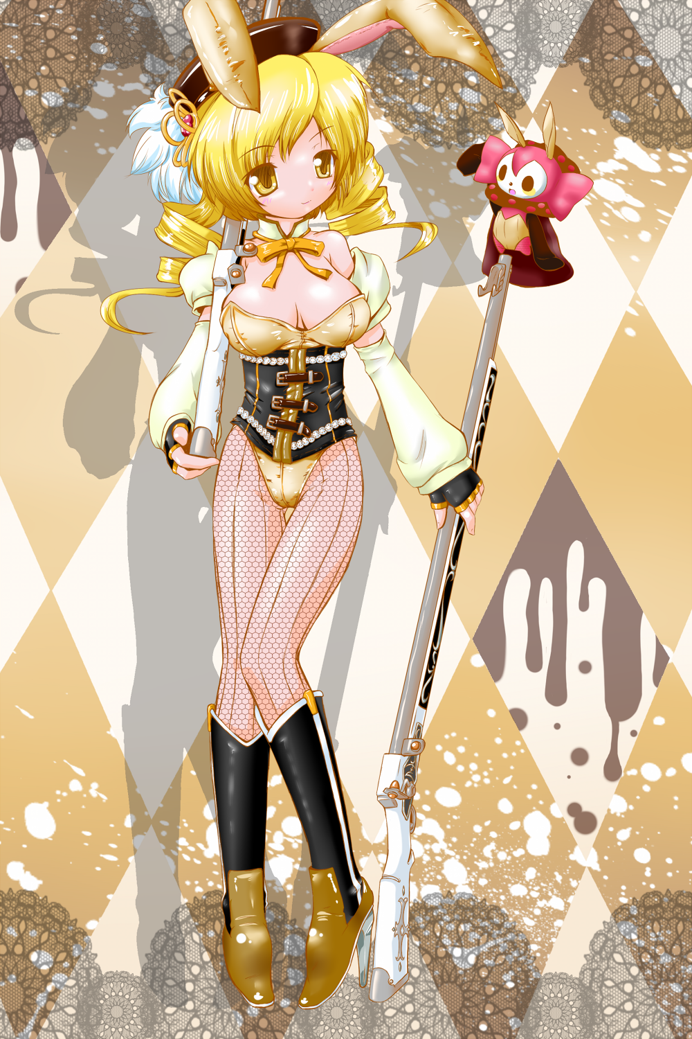 adapted_costume, animal_ears, blonde_hair, boots, bunny_ears, bunnysuit, charlotte_(madoka_magica), corset