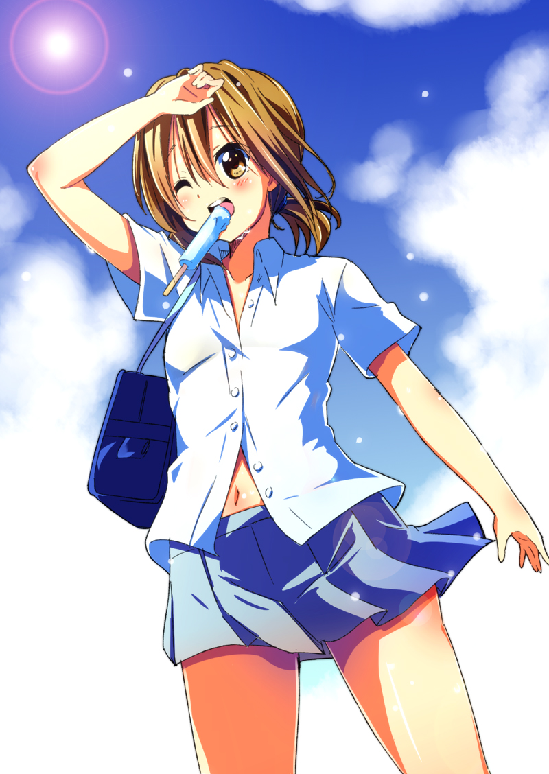 1girl, bag, brown_eyes, brown_hair, female, k-on!, mouth_hold, navel