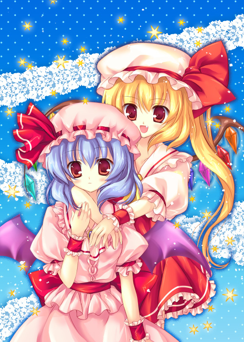 bat_wings, blonde_hair, blue_hair, flandre_scarlet, fukase_ayaka, fukaseayaka, hat, multiple_girls