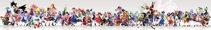 absurdres, aki_minoriko, aki_shizuha, alice_margatroid, alternate_hair_color, alternate_hair_length, alternate_hairstyle, animal_ears, ankle_boots, antennae, apple, apron, arm_cannon, armpits, arms_up, ascot, backpack, bag, bat_wings, bird_wings, black_hair, black_legwear, black_panties, blonde_hair, blouse, blue_dress, blue_eyes, blue_hair, blush, boots, bow, bow_(weapon), bowtie, braid, branch, breasts, broom, brown_eyes, brown_hair, bucket, bunny_ears, cape, capelet, cat_ears, cat_tail, cellphone, checkered, checkered_skirt, chen, chinese_clothes, cirno, cleansed_crystal_mirror, closed_eyes, crescent, crossed_legs, daiyousei, detached_sleeves, double_spoiler, dowsing_rod, dress, earmuffs, everyone, ex-keine, eyes_closed, fairy, fairy_wings, fan, fighting_stance, finger_gun, flandre_scarlet, flying, food, fox_mask, fox_tail, frog_hair_ornament, front_ponytail, fruit, fujiwara_no_mokou, futatsuiwa_mamizou, garter_belt, gohei, grapes, green_dress, green_eyes, green_hair, grey_hair, hair_bobbles, hair_bow, hair_ornament, hair_ribbon, hair_rings, hair_stick, hair_tubes, hairband, hakurei_reimu, hand_mirror, hand_on_hip, hand_on_own_chest, hand_rest, hand_to_mouth, hands_on_lap, hat, hat_ribbon, high_heels, highres, hijiri_byakuren, himekaidou_hatate, hinanawi_tenshi, holding, hong_meiling, horn, hoshiguma_yuugi, houjuu_nue, houraisan_kaguya, ibuki_suika, ice, ice_wings, immaterial_and_missing_power, imperishable_night, inaba_tewi, instrument, inubashiri_momiji, izayoi_sakuya, japanese_clothes, jeweled_branch_of_hourai, jumping, kaenbyou_rin, kagiyama_hina, kaku_seiga, kamishirasawa_keine, karakasa_obake, kasodani_kyouko, katana, kawashiro_nitori, kazami_yuuka, keyboard_(instrument), kirisame_marisa, kisume, knee_boots, knife, koakuma, kochiya_sanae, komeiji_koishi, komeiji_satori, konpaku_youmu, kumoi_ichirin, kurodani_yamame, lavender_hair, leaf, leaf_on_head, legs_crossed, letty_whiterock, light_smile, lily_white, long_hair, long_sleeves, looking_at_viewer, luna_child, lunasa_prismriver, lying, lyrica_prismriver, maid_headdress, mary_janes, mask, medicine_melancholy, merlin_prismriver, mirror, miyako_yoshika, mizuhashi_parsee, mononobe_no_futo, moriya's_iron_rings, moriya's_iron_rings, mountain_of_faith, mouse_ears, mouse_tail, multiple_girls, multiple_tails, murasa_minamitsu, mystia_lorelei, nagae_iku, nazrin, nurse_cap, obi, ofuda, onozuka_komachi, open_mouth, orange_hair, outstretched_arms, panties, pants, parasol, patchouli_knowledge, peach, perfect_cherry_blossom, phantasmagoria_of_flower_view, phone, pink_eyes, pink_hair, pointing, pointing_up, polearm, pom_pom_(clothes), ponytail, posing, puffy_sleeves, purple_eyes, purple_hair, rabbit_ears, raccoon_ears, raccoon_tail, red_dress, red_eyes, red_hair, redhead, reflection, reisen_udongein_inaba, reiuji_utsuho, remilia_scarlet, ribbon, ritual_baton, rubber_boots, rumia, saigyouji_yuyuko, sailor_hat, sakazuki, salute, sandals, scarlet_weather_rhapsody, scroll, shameimaru_aya, shikieiki_yamaxanadu, shimenawa, shirt, shoes, short_hair, short_sleeves, side_b, side_ponytail, silver_hair, sitting, skirt, skirt_hold, skirt_lift, skirt_set, smile, socks, soga_no_tojiko, standing, standing_on_one_leg, star, star_sapphire, striped, striped_panties, subterranean_animism, suspenders, sword, sword_of_hisou, tail, tatara_kogasa, tate_eboshi, ten_desires, the_embodiment_of_scarlet_devil, thigh-highs, thighhighs, third_eye, tokin_hat, toramaru_shou, touhou, toyosatomimi_no_miko, trident, twin_braids, twintails, ufo, umbrella, undefined_fantastic_object, underwear, unzan, very_long_hair, vest, violet_eyes, violin, weapon, white_hair, white_legwear, wide_sleeves, wings, wink, wolf_ears, wriggle_nightbug, yagokoro_eirin, yakumo_ran, yakumo_yukari, yasaka_kanako, yellow_eyes, yousei_daisensou, zombie_pose