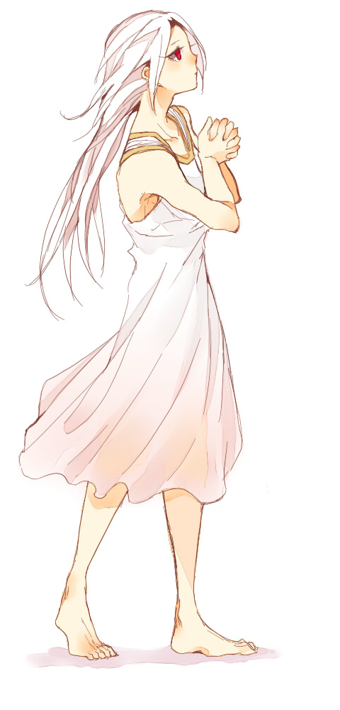 barefoot, cako_(a_ben), dress, fate/zero, fate_(series), irisviel_von_einzbern, long_hair, red_eyes
