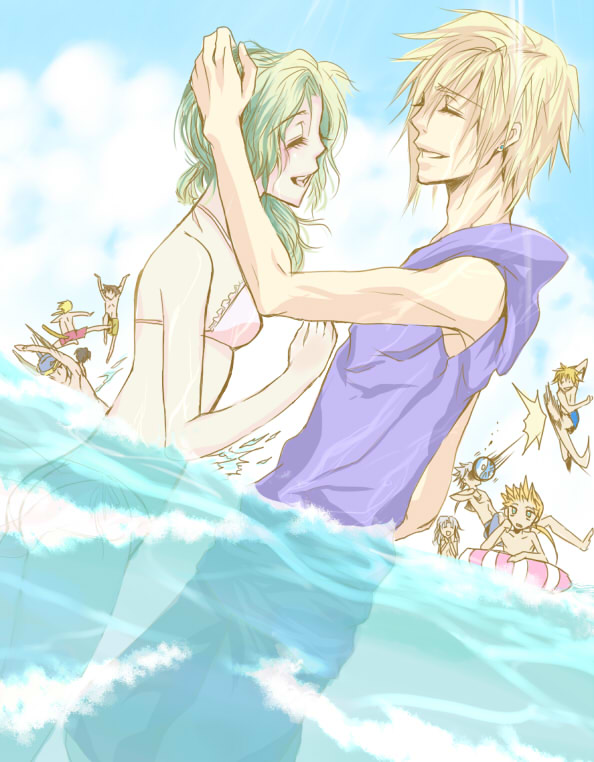 1girl, 6+boys, asu_(pixiv), bikini, blitzball, butz_klauser, cecil_harvey, cloud_strife