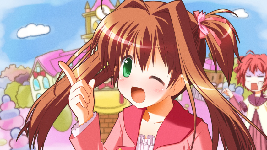 ;d, ahoge, akaza_akari, blush, brown_hair, crossover, green_eyes, hair_bun