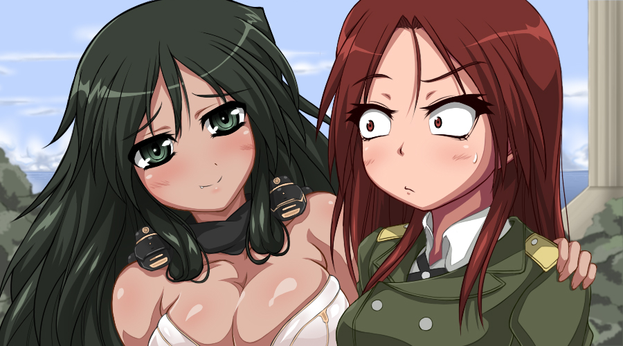 black_hair, blush, breasts, brown_eyes, brown_hair, cleavage, commentary, commentary_request