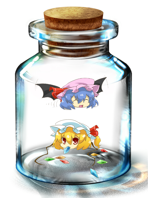 bat_wings, bottle, chibi, closed_eyes, eiri_(eirri), flandre_scarlet, head_in_jar, jar, remilia_scarlet, touhou, wings, yukkuri_shiteitte_ne