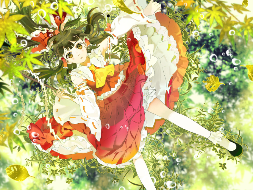 1ten, ascot, bloomers, brown_eyes, brown_hair, detached_sleeves, gohei, hair_tubes