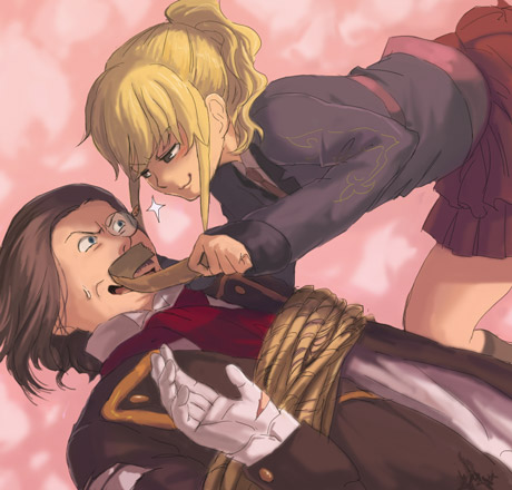 blonde_hair, furutachirikonbu, gloves, lowres, monocle, naughty_face, ponytail, ronove
