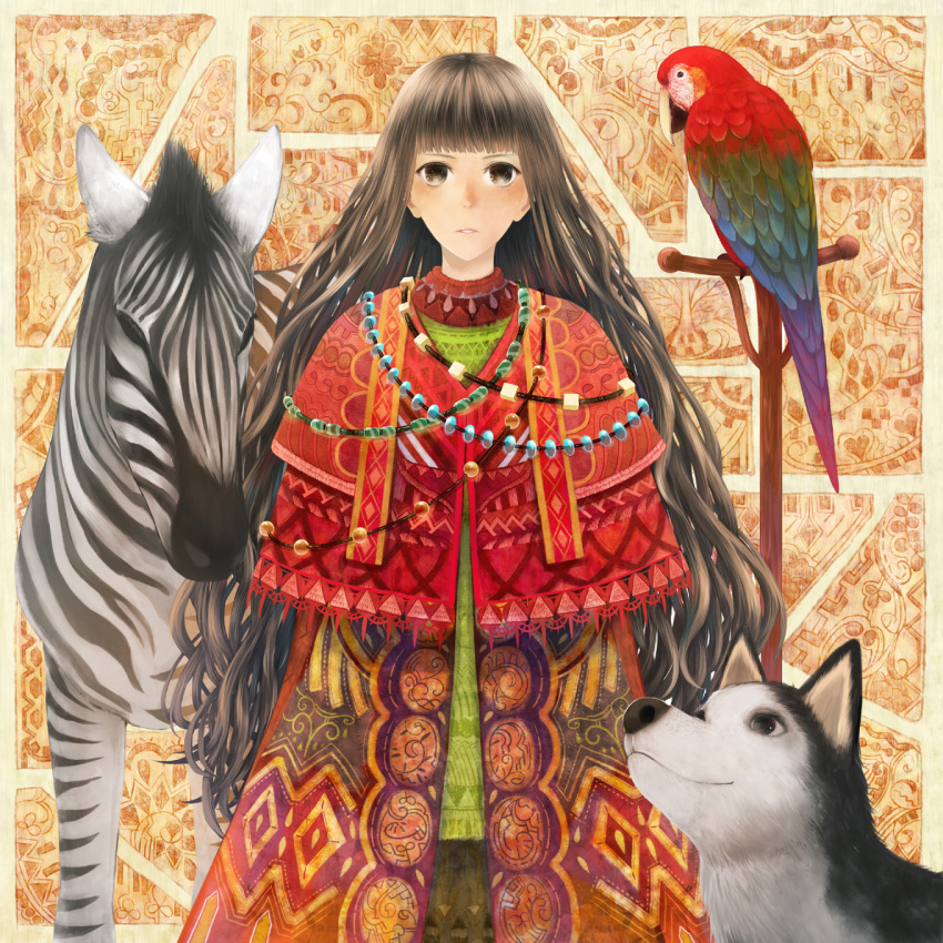 animal, bangs, bird, blunt_bangs, bou_nin, brown_eyes, brown_hair, dog