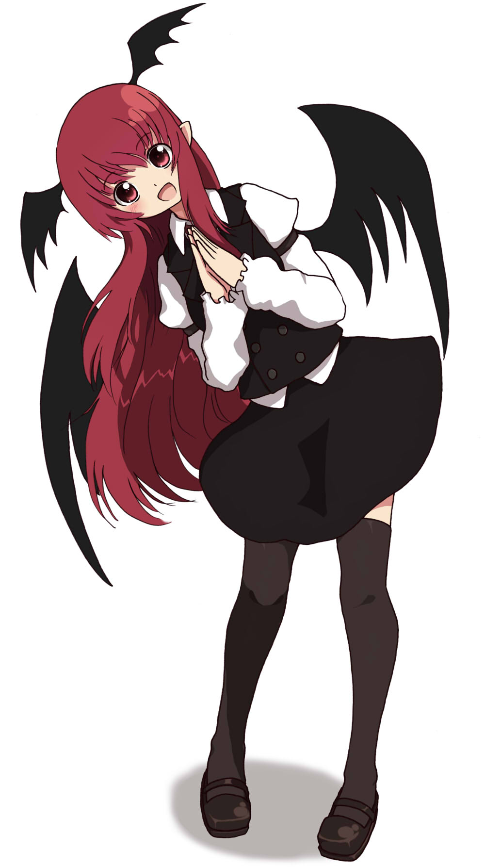 :d, arm_garter, bat_wings, black_legwear, dress_shirt, hands_together, head_wings, highres