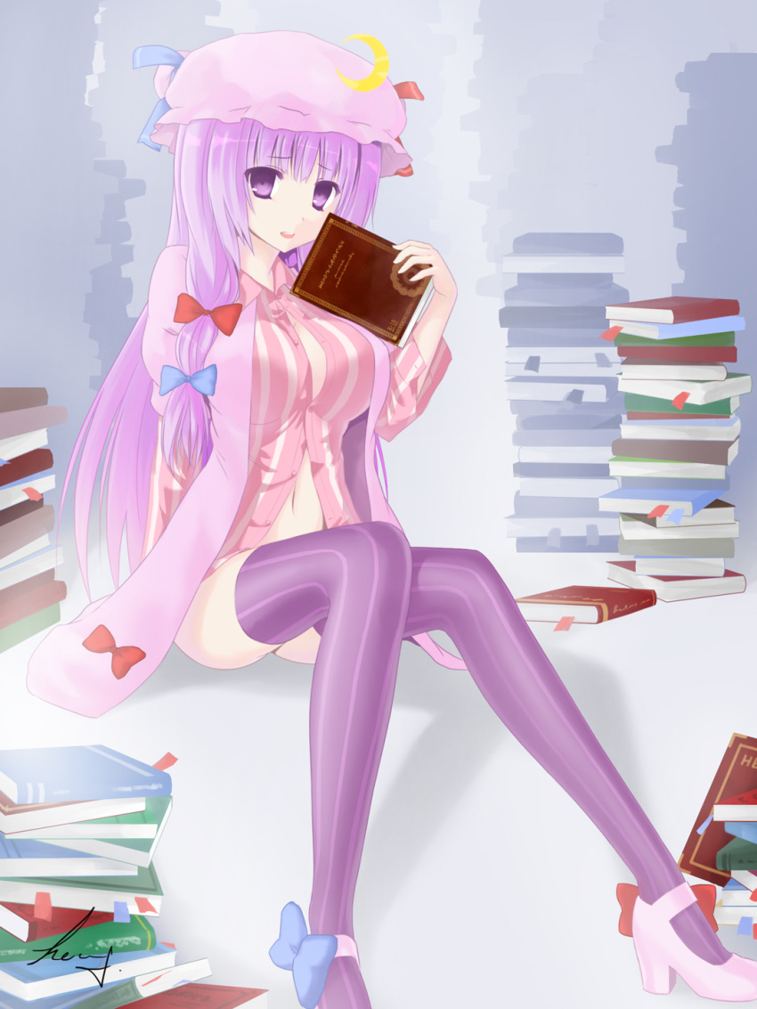 book, bookmark, bow, crescent, hair_bow, hat, high_heels, highres, hsuliherng, long_hair, long_sleeves, open_mouth, patchouli_knowledge, purple_eyes, purple_hair, ribbon, shoe, shoes, signature, sitting, solo, striped, striped_legwear, thigh-highs, thighhighs, touhou, vertical-striped_legwear, vertical_stripes, violet_eyes