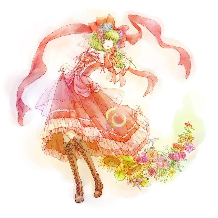adapted_costume, arm_ribbon, boots, bow, cross-laced_footwear, dress, echoes_(artist), echoes_(cassandratree)