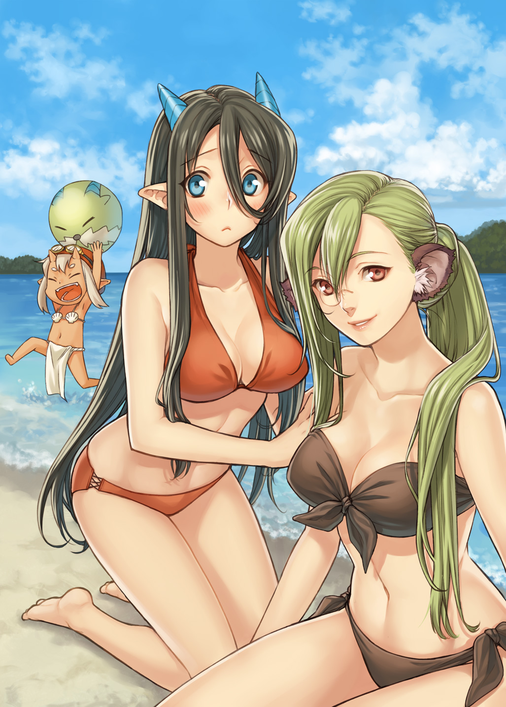 :d, ^_^, animal_ears, ball, beach, beachball, bikini, black_hair