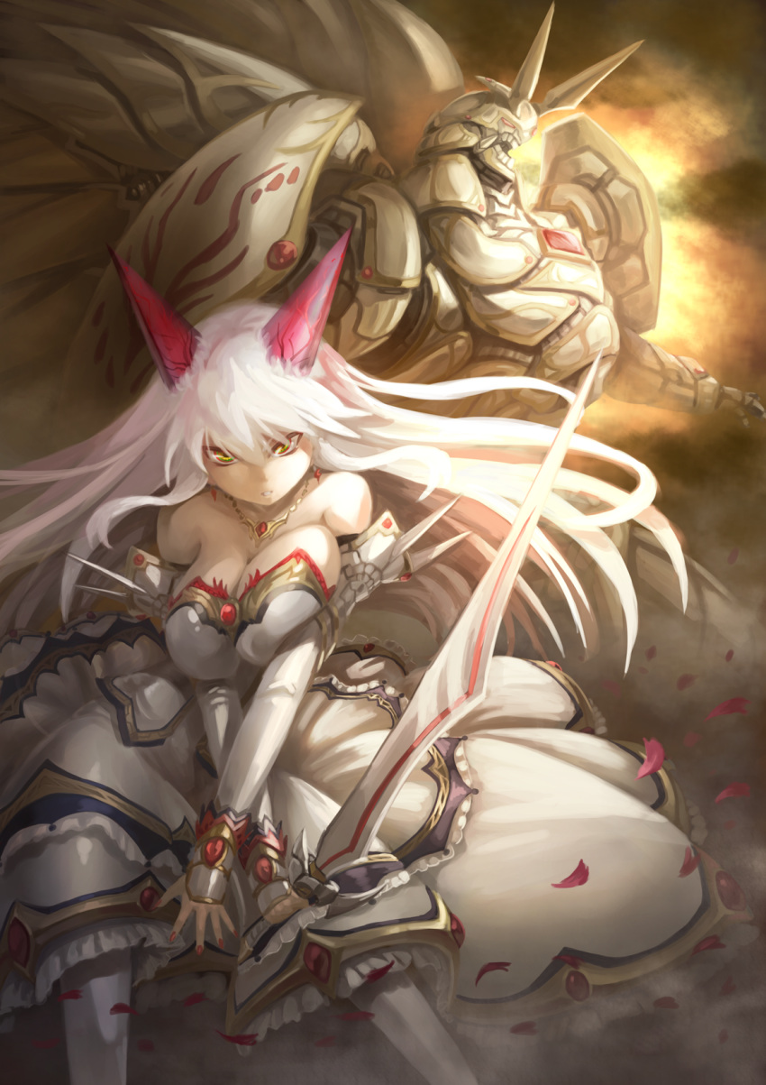 breasts, cleavage, elbow_gloves, gloves, highres, hokuto_shinken, horns, jewelry