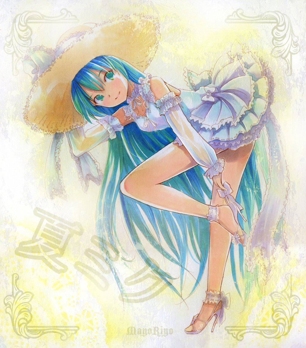 aqua_hair, artist_name, bare_shoulders, detached_sleeves, dress, hat, hatsune_miku, high_heels
