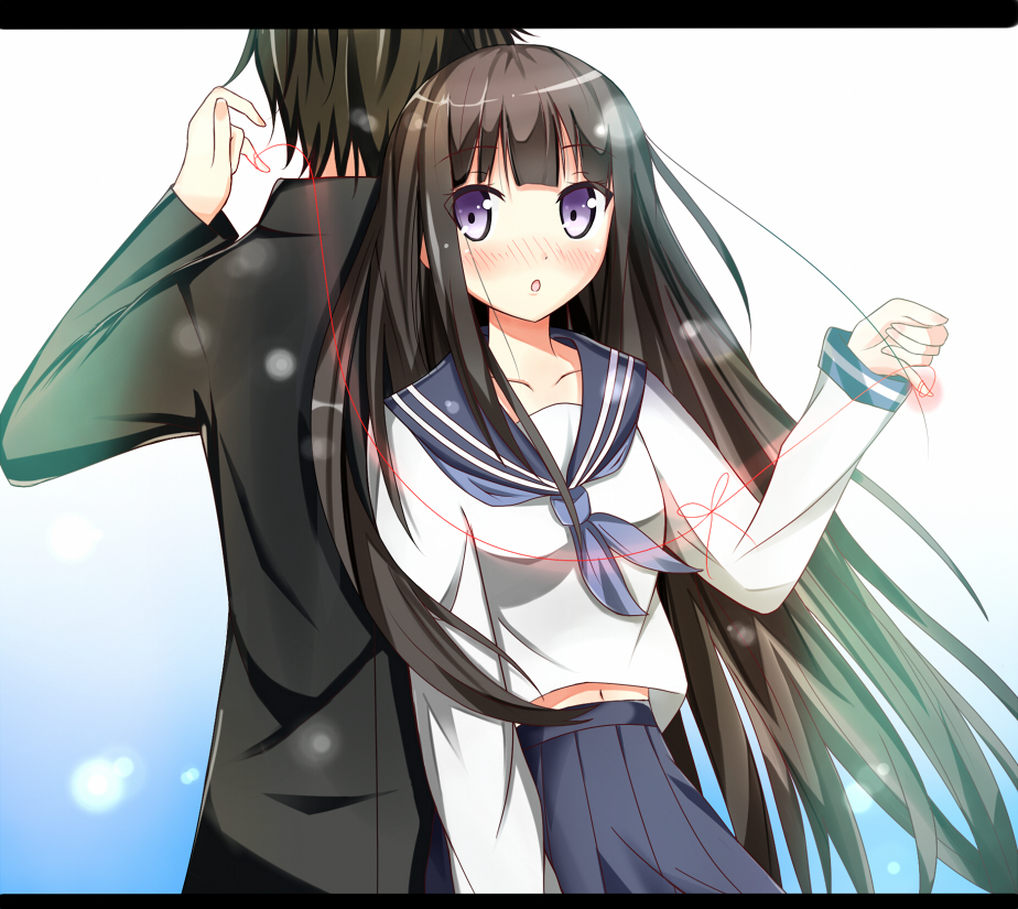 1girl, back-to-back, black_hair, chitanda_eru, gakuran, hobii_(lebataka08), hyouka, long_hair, oreki_houtarou, red_string, school_uniform, serafuku, short_hair, string