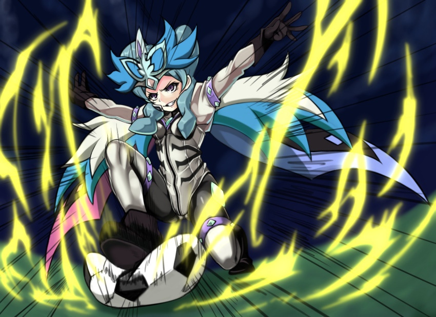 aqua_hair, ball, beta_(inazuma_eleven), bodysuit, grin, highres, inazuma_eleven, inazuma_eleven_(series), inazuma_eleven_go, inazuma_eleven_go_chrono_stone, k@non, keshin_armed, kokuu_no_megami_athena, long_hair, purple_eyes, shoot_command_07, smile, soccer_ball, thigh-highs, thighhighs, violet_eyes, wings