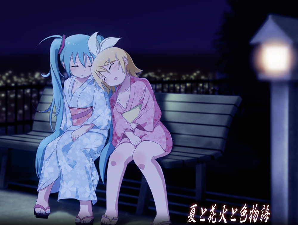bench, blonde_hair, green_hair, hair_ornament, hair_ribbon, hairclip, hatsune_miku, japanese_clothes