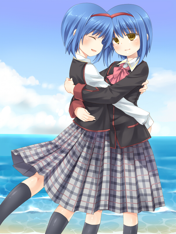 2girls, beach, blue_hair, brown_eyes, closed_eyes, dual_persona, eyes_closed, hairband