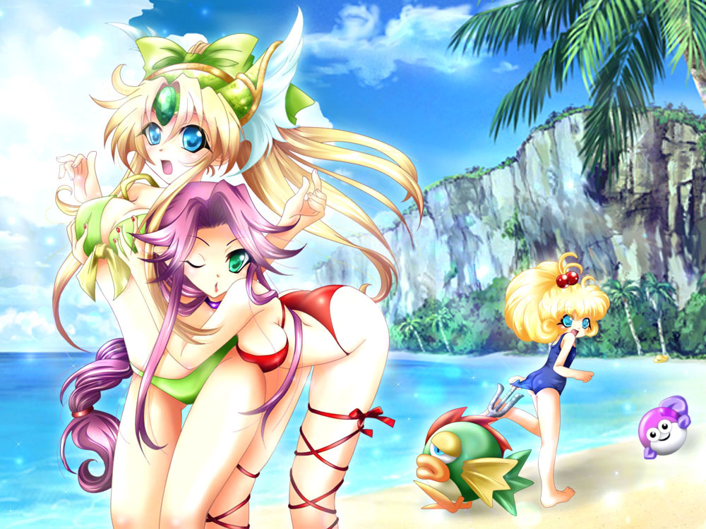 angela, ass, beach, bikini, blonde_hair, blue_eyes, breast_grab, breast_squeeze