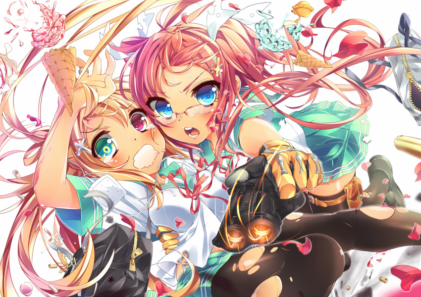 aqua_eyes, arm_up, bag, blonde_hair, blue_eyes, flower, food, glasses