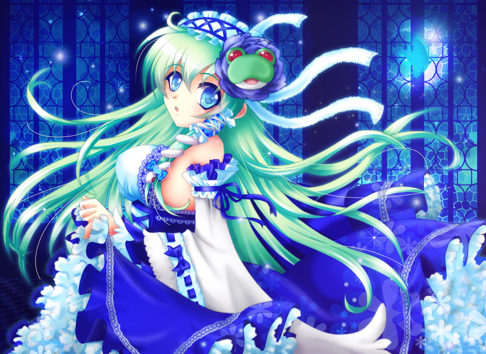 blue_eyes, butterfly, frills, green_hair, hair_ornament, hairclip, japanese_clothes, kimono