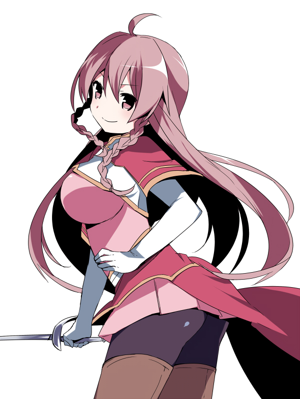 boots, braid, breasts, brown_eyes, brown_hair, capelet, de_metrio_lu_yurikano, elbow_gloves, gloves, large_breasts, long_hair, mizuki_(koko_lost), pantyhose, rapier, rinne_no_lagrange, skirt, smile, sword, thigh-highs, thigh_boots, thighhighs, twin_braids, weapon, white_background
