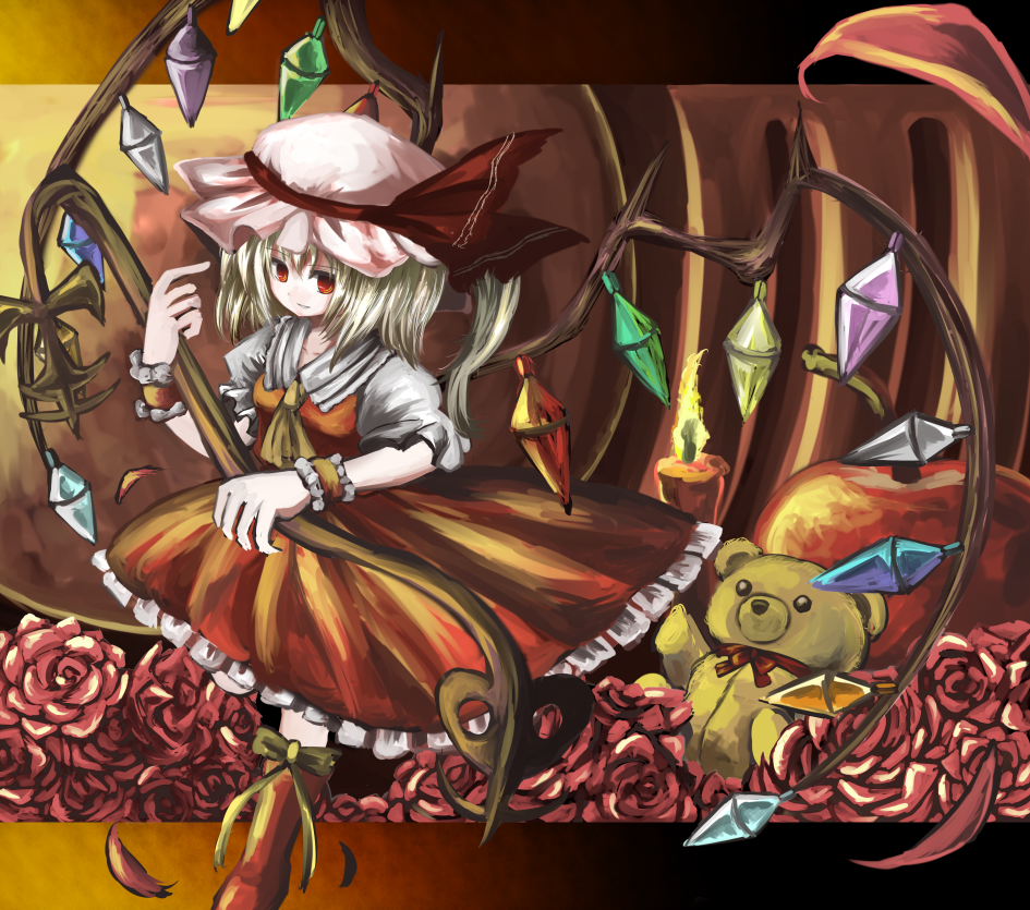blonde_hair, flandre_scarlet, hat, ponytail, red_eyes, short_hair, side_ponytail, solo