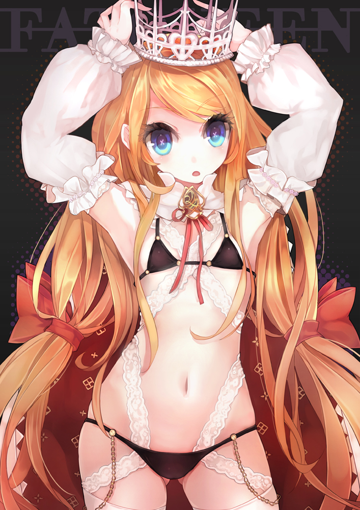 arms_up, blonde_hair, blue_eyes, blush, bow, bra, crown, flat_chest, hair_bow, long_hair, navel, open_mouth, original, panties, puffy_sleeves, solo, tetsu_(fatqueen), thigh-highs, thighhighs, underwear, very_long_hair, white_legwear
