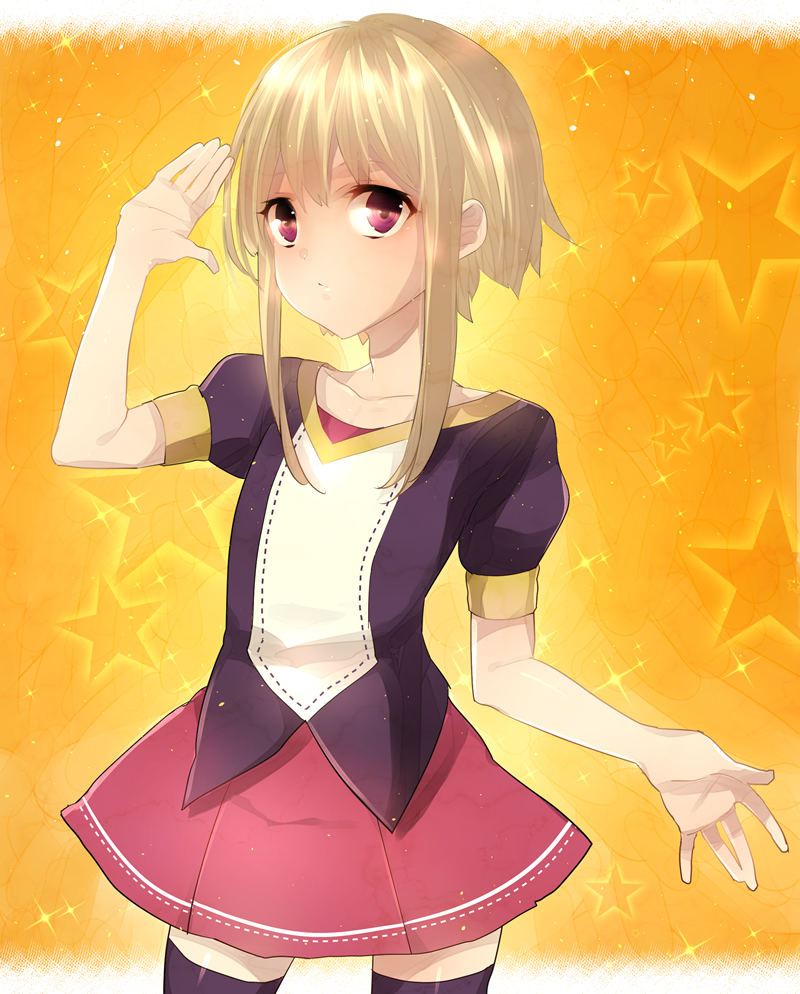 black_legwear, blonde_hair, crossdressinging, male, original, payot, red_eyes, short_hair