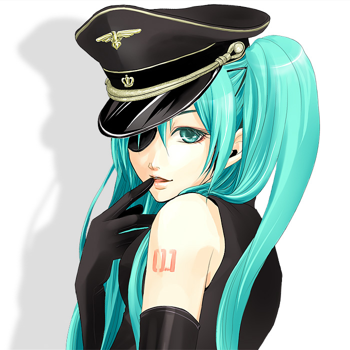 aqua_eyes, aqua_hair, detached_sleeves, elbow_gloves, eyepatch, gloves, hair_over_one_eye, hat