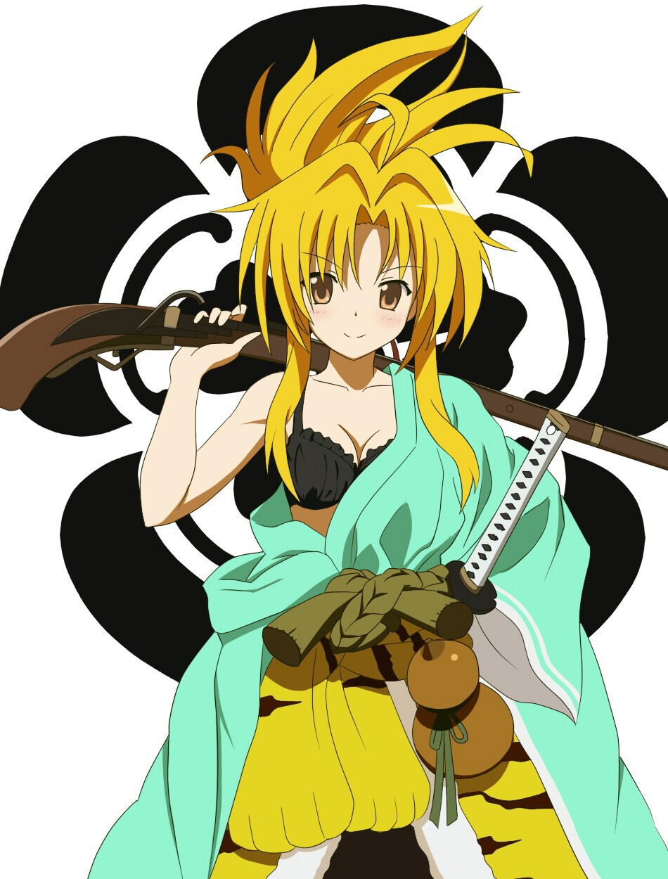 arquebus, black_bra, blonde_hair, blush, bra, breasts, brown_eyes, cleavage