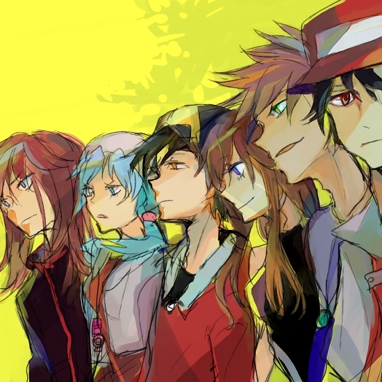2girls, 4boys, bangs, baseball_cap, black_hair, blue_(pokemon), blue_(pokemon)_(classic), blue_eyes