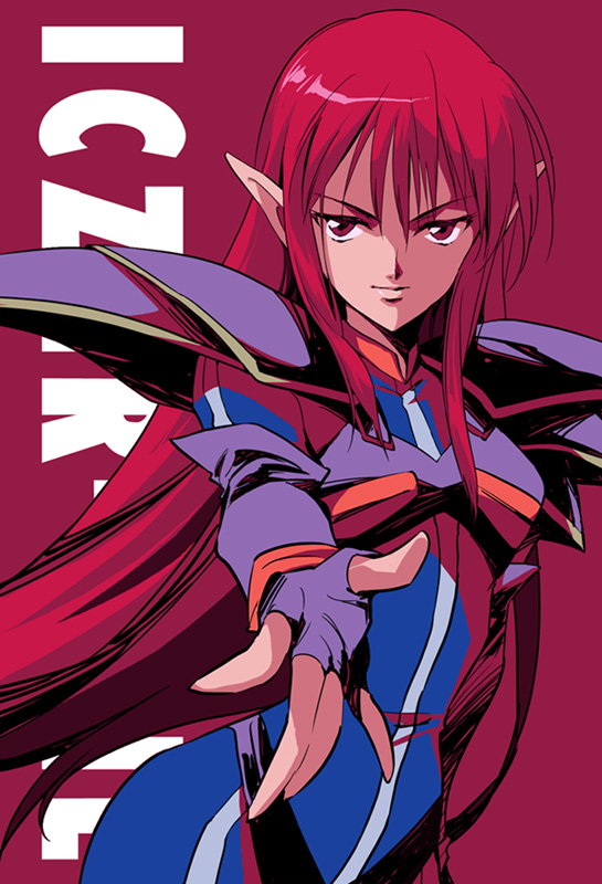 agahari, armor, bodysuit, character_name, fingerless_gloves, gloves, iczer-2, iczer_(series)