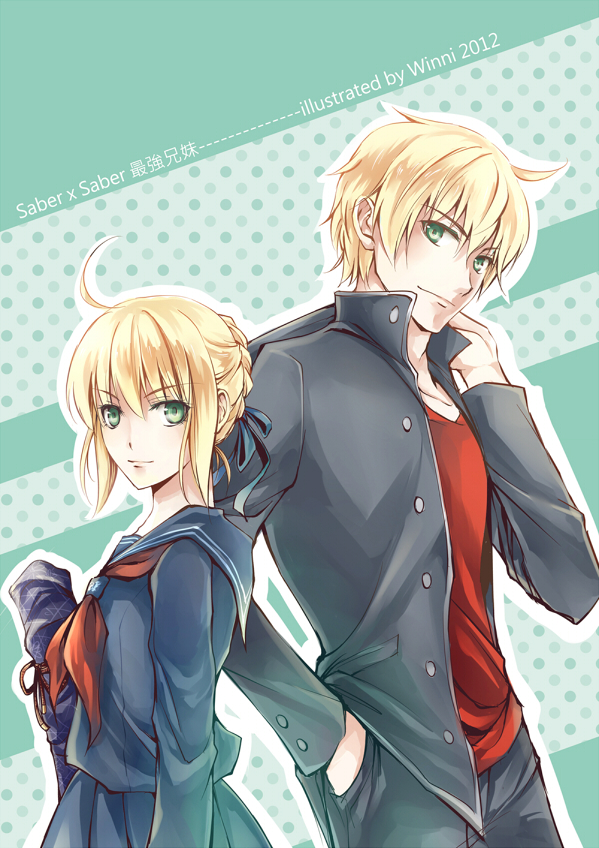 1girl, blonde_hair, dual_persona, fate/prototype, fate/stay_night, fate_(series), genderswap, green_eyes