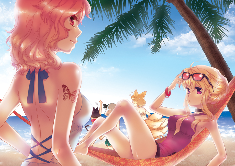 back, bad_id, barefoot, beach, blonde_hair, breasts, butterfly, casual_one-piece_swimsuit