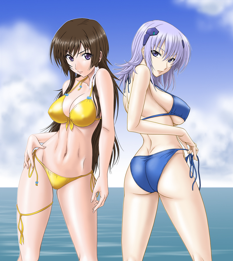 ass, bikini, blue_bikini, blue_eyes, breasts, brown_hair, cloud, cryska_barchenowa