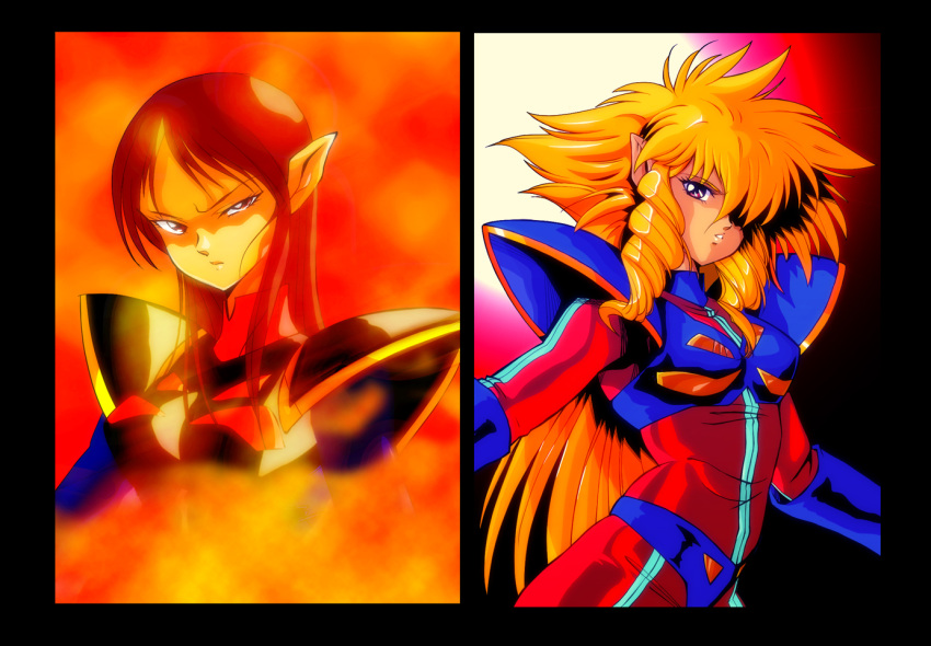 armor, blonde_hair, bodysuit, drill_hair, elf, hair_over_one_eye, iczer-1, iczer-2