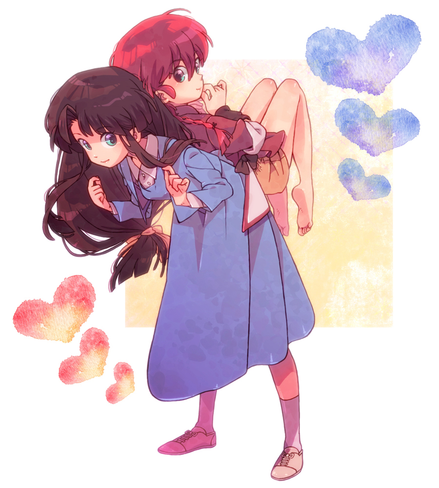 apple-boy, back-to-back, bare_legs, barefoot, blue_eyes, braid, brown_hair, carrying