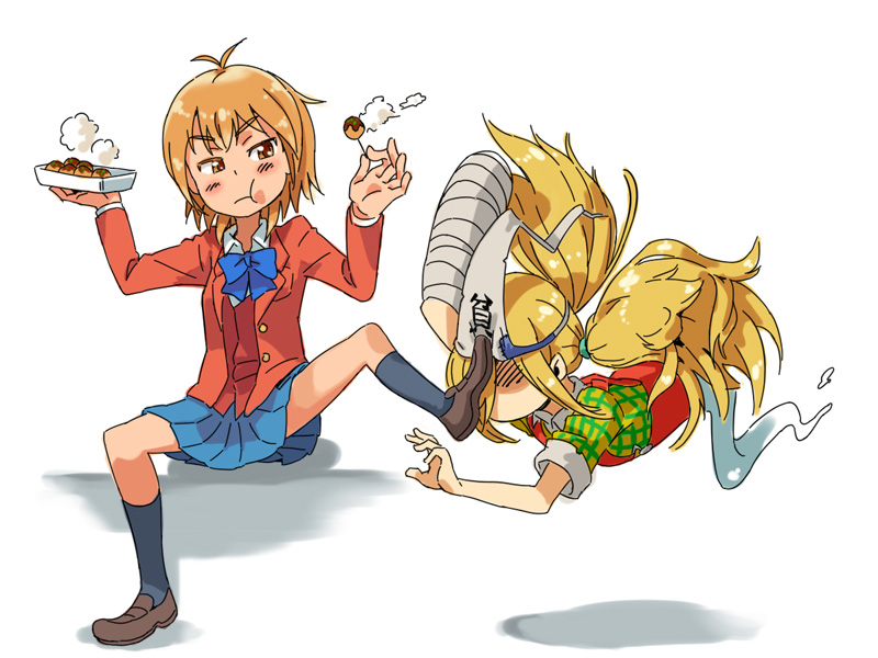 binbougami_ga!, blonde_hair, brown_eyes, brown_hair, crossover, food, futari_wa_precure, konjoe, long_hair, misumi_nagisa, momiji_(binbougami_ga!), multiple_girls, precure, school_uniform, short_hair, takoyaki, triangular_headpiece