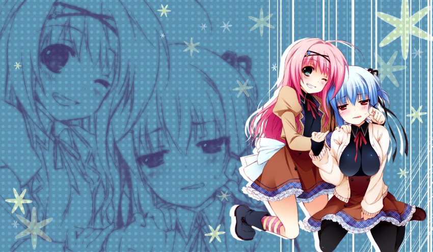 blue_hair, kinomoto_hana, kinomoto_mayo, pink_hair, renai_zero_kilometer, wink, zoom_layer