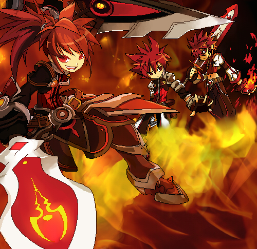 armor, boots, dual_wielding, el_(4369288), elsword, elsword_(character), fiery_background, fire, long_hair, lowres, male, multiple_boys, multiple_persona, navel, oekaki, pants, ponytail, red, red_eyes, red_hair, redhead, smile, spiked_hair, spiky_hair, surcoat, sword, weapon