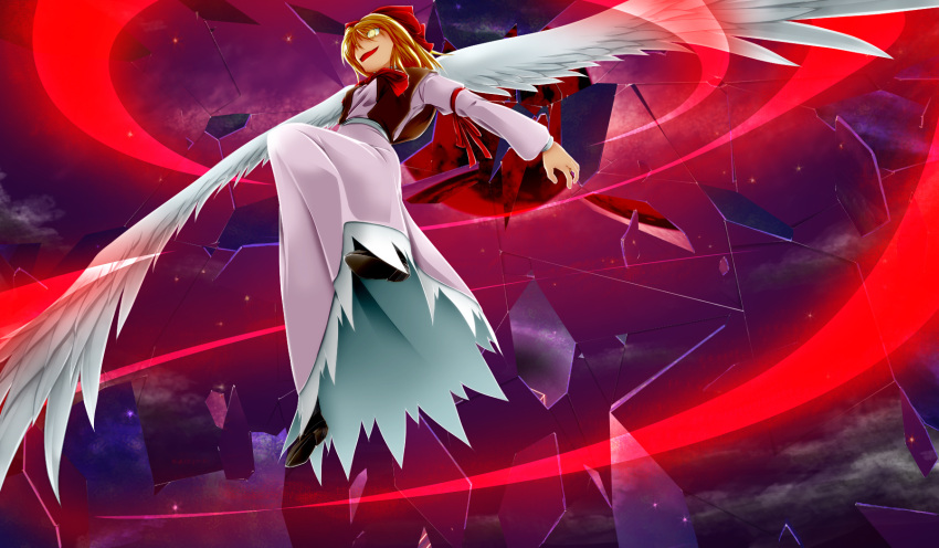 blonde_hair, bow, broken_glass, crazy, dress, feathered_wings, from_below, gengetsu