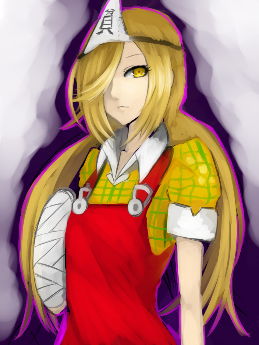 aleron, binbougami_ga!, blonde_hair, clasp, eyelashes, hair_over_one_eye, highres, kumiko_(aleron), long_hair, momiji_(binbougami_ga!), plaid, plaid_shirt, solo, triangular_headpiece, yellow_eyes