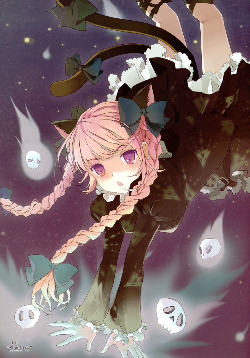 absurdres, animal_ears, bow, braid, cat_ears, cat_tail, hair_bow, handstand