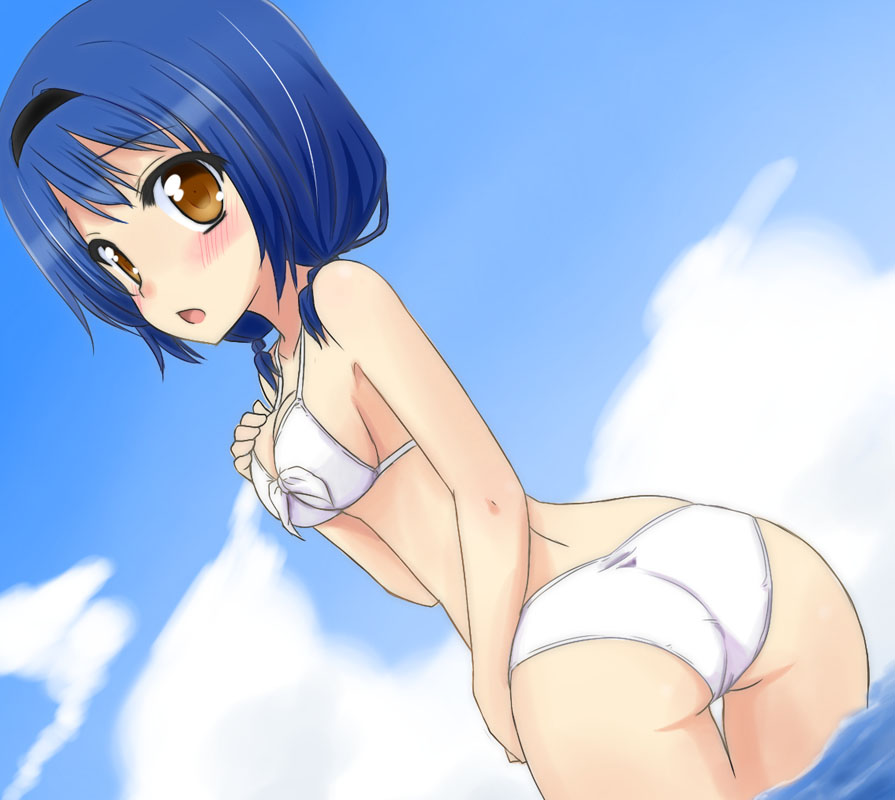 bikini, blue_hair, brown_eyes, from_behind, furutani_himawari, hairband, kazami_ruku, looking_back, short_hair, solo, swimsuit, twintails, yuru_yuri