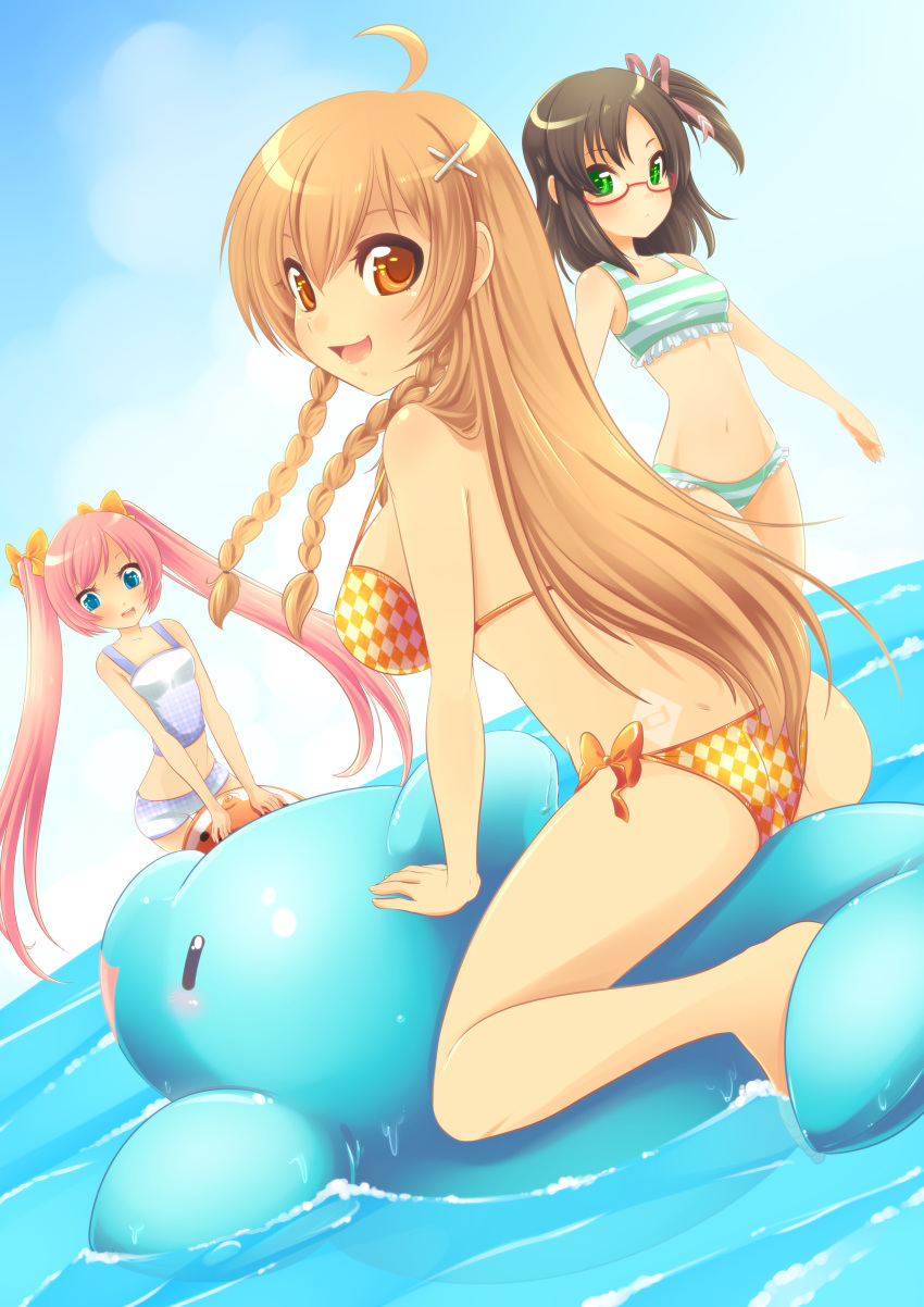 absurdres, ass, bikini, blue_eyes, brown_hair, danny_choo_(website), glasses, green_eyes