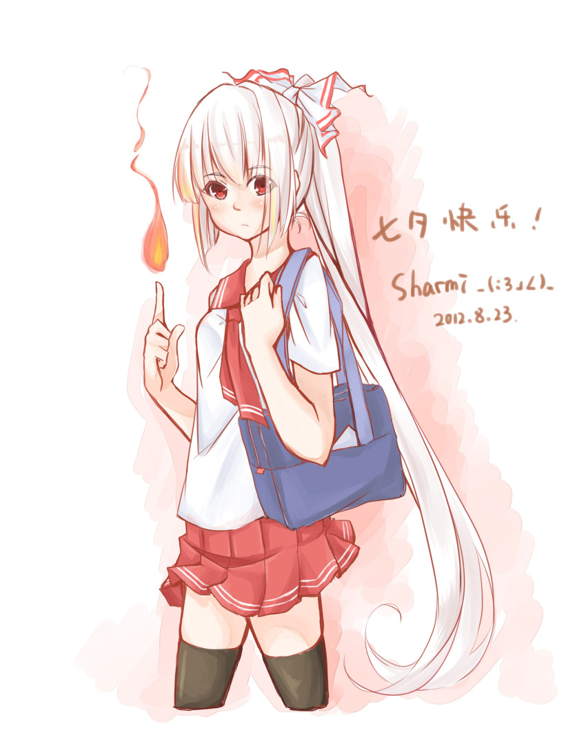 absurdres, bag, fire, fujiwara_no_mokou, highres, miniskirt, ponytail, school_uniform