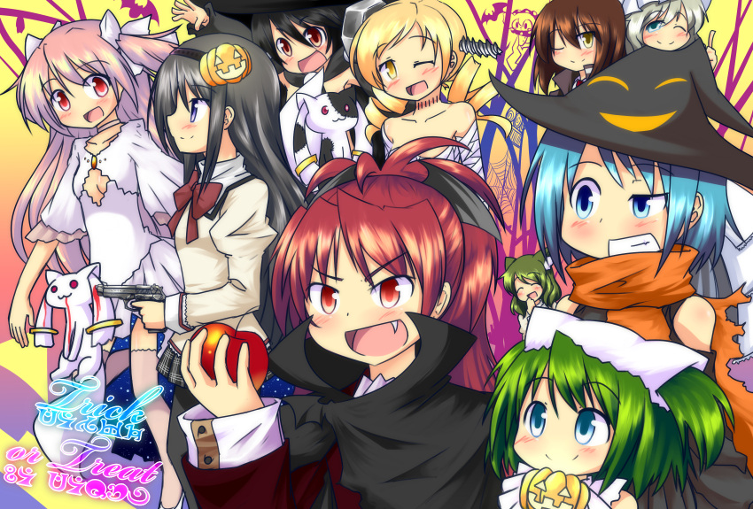 ^_^, akemi_homura, animal_ears, apple, bat, black_hair, blonde_hair, blood