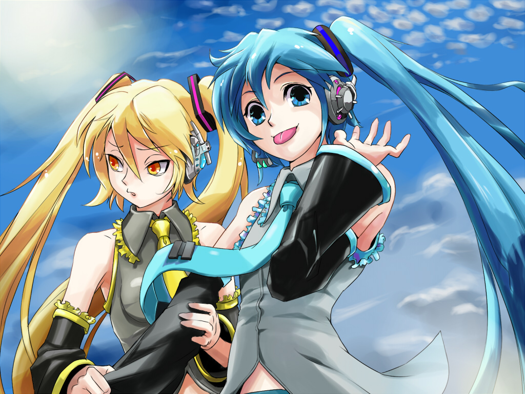 :p, akita_neru, alternate_hairstyle, aqua_eyes, aqua_hair, blonde_hair, detached_sleeves, hatsune_miku